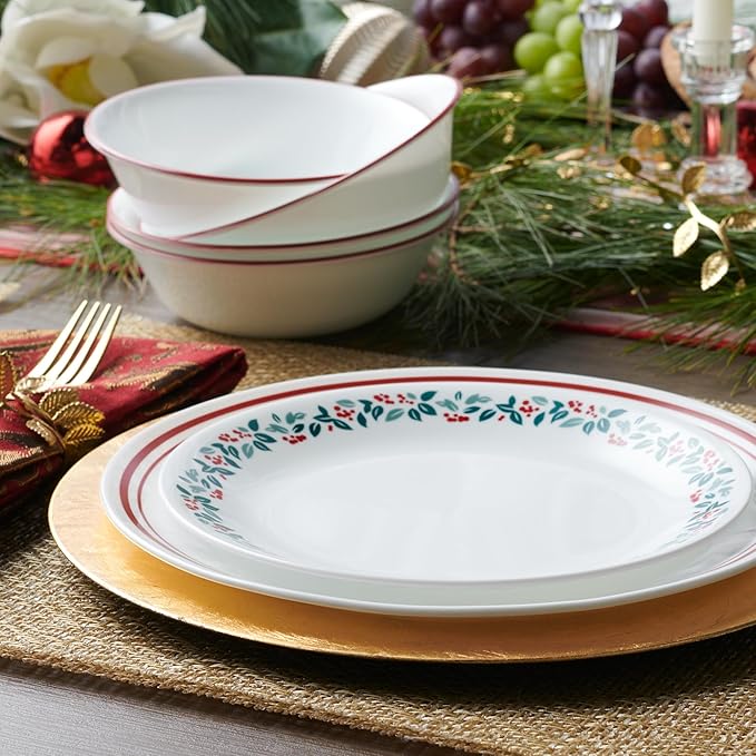 Corelle Vitrelle 18-Piece Christmas Service for 6 Dinnerware Set, Triple Layer Glass and Chip Resistant, Lightweight Round Holiday Plates and Bowls Set, Winter Berries