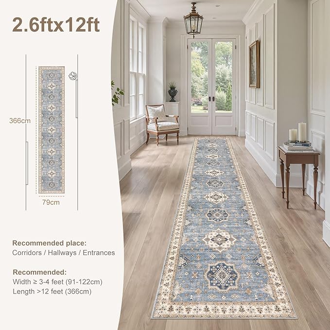 Washable 2.6x12 Runner Rug - Area Rugs Neutral Vintage Distressed Floral Farmhouse Boho Large Soft Floor Rug Indoor Carpet for Hallway Entryway Kitchen Home - Blue