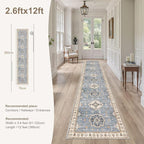 Washable 2.6x12 Runner Rug - Area Rugs Neutral Vintage Distressed Floral Farmhouse Boho Large Soft Floor Rug Indoor Carpet for Hallway Entryway Kitchen Home - Blue