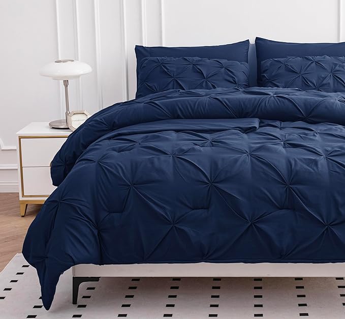 LANE LINEN Twin XL Comforter Set, 5 Piece Twin XL Bedding, Pintuck Twin XL Bed in a Bag, Twin XL Bedding Comforter Sets, Twin XL Bed Comforter Set with Sheets, Pillowcase & Sham, Bed Set - Navy Blue