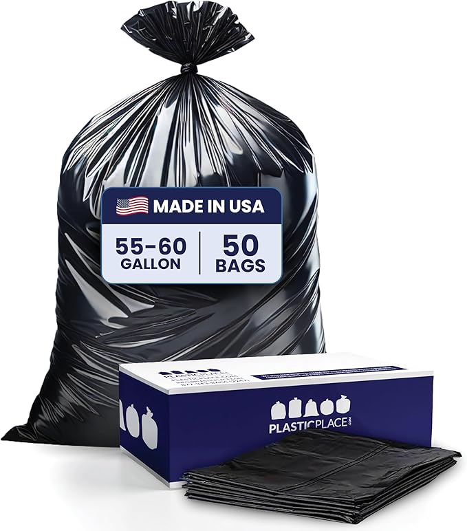 Plasticplace 55-60 Gallon Trash Bags │ 1.2 Mil │ Black Heavy Duty Garbage Can Liners │ 38” x 58” (50 Count)