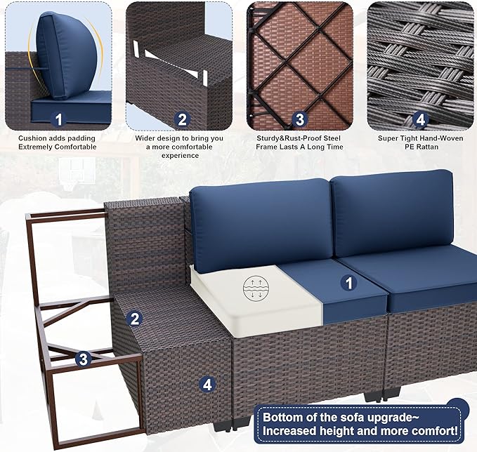 Patio Furniture Set 9-Pieces Outdoor Furniture for Backyard Wicker Sectional Sofa Set, Rattan Patio Conversation Set with Thickened Cushions and Glass Coffee Table, Navy Blue
