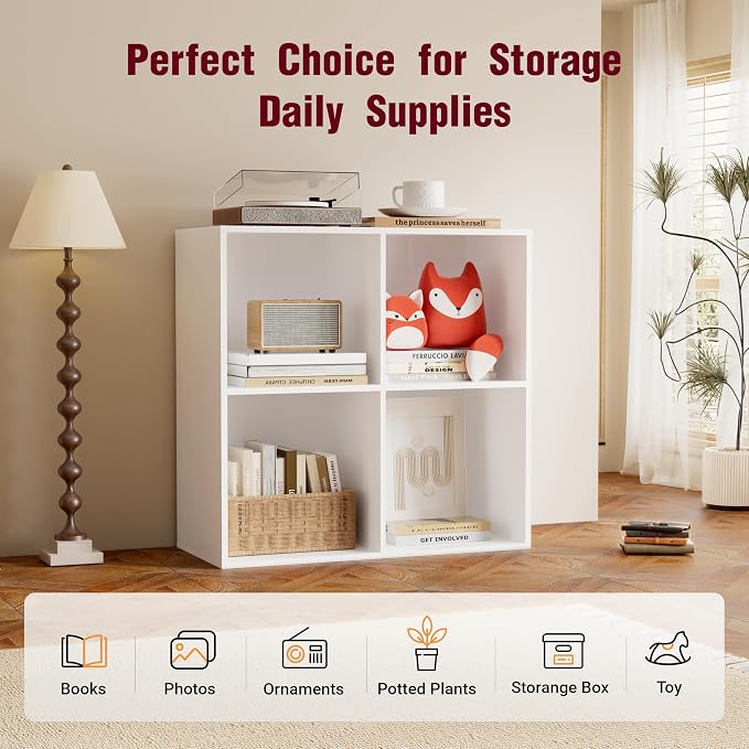 Book Shelf, Wooden Cube Storage Organizer with 11" Open Cubes, Stackable Modular Bookcase for Room Divider Storage, 2 Tier Bookshelf for Living Room, Bedroom, Office (White, 4-Cube)