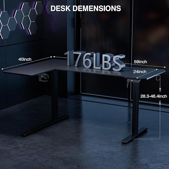 59" Reversiable L-Shaped Electric Standing Desk Adjustable Height Gaming Stand Up Corner Desk Sit Stand Home Office Computer Desk with Splice Board,Black Carbon Top