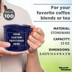 DISCOUNT PROMOS Custom Ceramic Campfire Coffee Mugs 13 oz. Set of 100, Personalized Bulk Pack - Perfect for Tea, Espresso, Cappuccino, Hot Cocoa - Blue