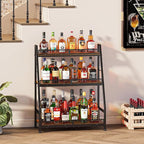 Hayexiha 3-Tier Expanded Liquor Stand, Freestanding Trapezoid Wine Rack | 40+Bottle Capacity: 24.8-inch-wide wood-and-steel stand has stepped shelves, safety fencing and adjustable feet.