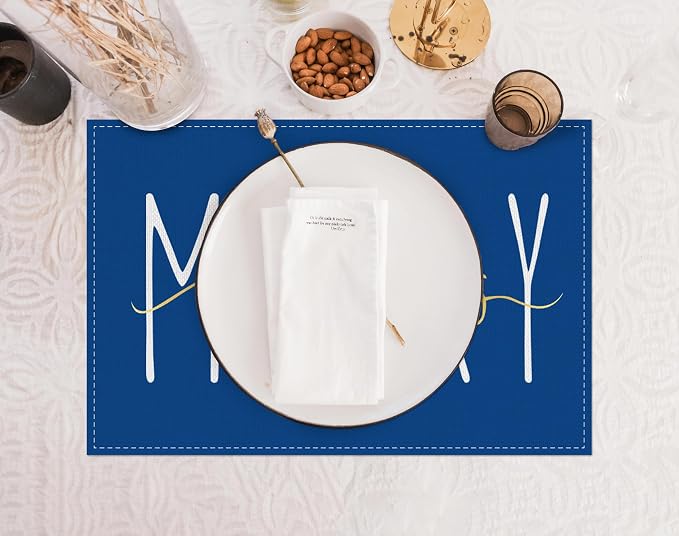 ONWAY Merry Christmas Gold Placemats 12x18 Inch Set of 4 Xmas Winter Holiday Place Mats for Home Party Kitchen Dining Table Decorations Blue