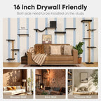 FUKUMARU Cat Wall Shelves, 4 in 1 Set, Grey | Stable & Safe Cat Walls Furniture, Wooden Kitten Climbing Wall with Scratching Post for 16 Inch Drywall