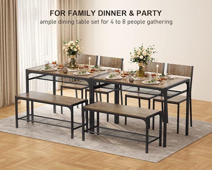 Gizoon 4-Piece Dining Table Set for 4, Kitchen Table with Bench Grey | Space-saving grey 4-piece dinette set with metal storage rack. Includes 2 ergonomic chairs and 1 bench. Easy to clean.