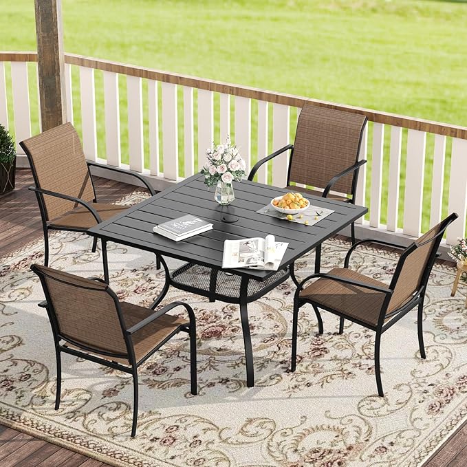 VICLLAX 5 Pieces Patio Dining Set, Outdoor Furniture Set Includes 1 Square Outdoor Table and 4 Stackable Patio Sling Chairs, Black Tabletop and Brown Fabric