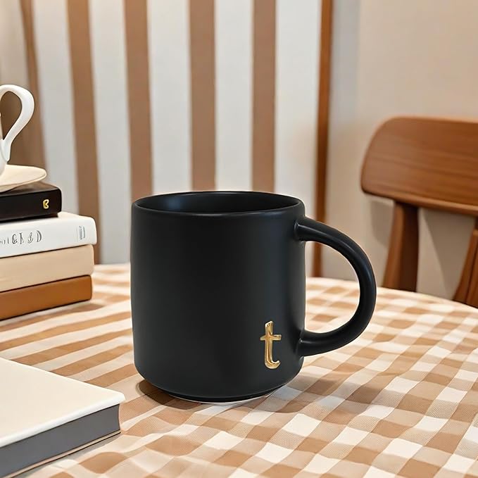 COLLECTIVE HOME - Black Monogram Ceramic Mugs, 15 oz Golden Initial Coffee Cups, Elegant Alphabet Tea Mugs, Personalized Halloween Mug with Gift Box, Perfect for Office and Home Décor (t)