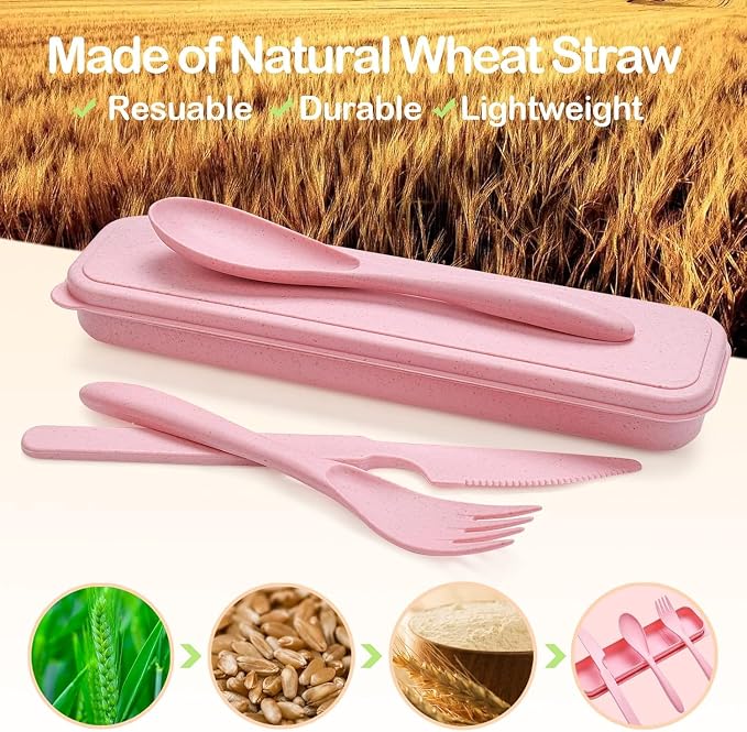 YDYTOP Reusable Travel Utensils Set with Case, 55 Sets Wheat Straw Knife Fork Spoon Cutlery, Multicolor Plastic Silverware for Kids and Adults, School Lunch, Party, Picnic and Camping