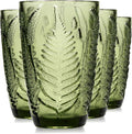 Green Drinking Glasses Set of 4, 12 oz Glass Cups, Vintage Fern Glassware | Hand-Pressed, Dishwasher Safe, Boho Leaf-Textured Drinkware, Embossed Highball Tumblers for Water, Retro Kitchen Gift