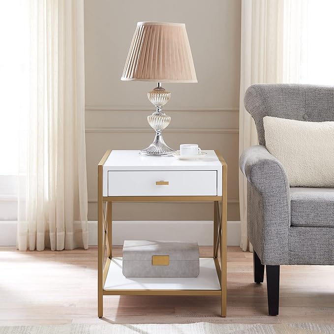 Leick Home 9206-WTGL Claudette One Drawer Mixed Metal and Wood Side Table with Shelf, White/gold