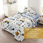 5-Pcs Construction Full Size Boys Bedding Set, Kids Comforter Set for Teens w/Sheets and Pillowcase, Soft Cartoon Tractor Cars Bed in a Bag Sets