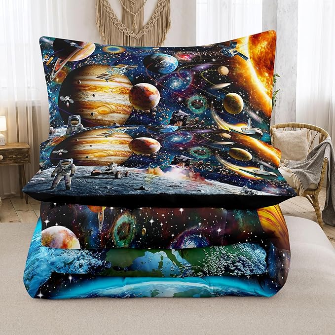 Tailor Shop 5 Pcs Kids Comforter Sets Twin Bed in A Bag for Boys Teen Girls Kids,Galaxy Bedding Set with Space Sheets Fitted Bed Sheet (1 Comforter, 1 Flat Sheet, 1 Fitted Sheet, 2 Pillowcases)