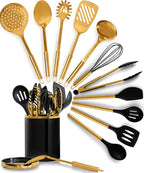 Styled Settings Black and Gold Cooking Utensils Set, 13-Piece | Kitchen Set with Black Ceramic Utensil Holder and Stackable Gold Spoon Rest - Luxury Kitchen Accessories for Stylish Cooking