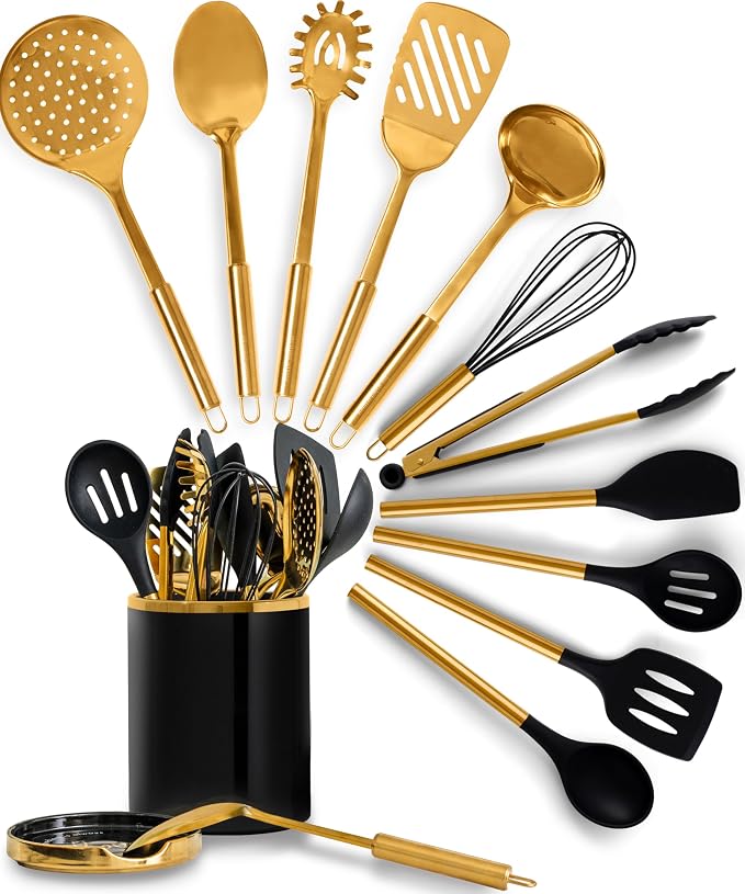 Styled Settings Black and Gold Cooking Utensils Set, 13-Piece | Kitchen Set with Black Ceramic Utensil Holder and Stackable Gold Spoon Rest - Luxury Kitchen Accessories for Stylish Cooking