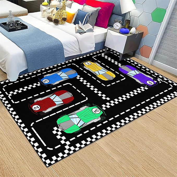 Car Rug Race Car Rug Car Track Rugs for Boys Race Track Carpet Race Car Track Rug Car Rug for Boys Room Car Rug Play Mat Car Carpet for Kids Rugs for Boys Bedroom,Black 4'×5'