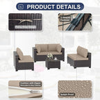 Patio Furniture Set 7-Pieces Outdoor Furniture for Backyard Wicker Sectional Sofa Set, Rattan Patio Conversation Set with Thickened Cushions and Glass Coffee Table, Sand