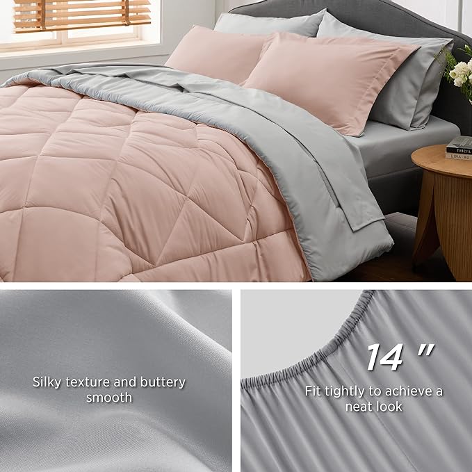 Bedsure Blush Pink King Size Comforter Set - 7 Pieces Reversible King Bed in a Bag King Bed Set with Comforters, Sheets, Pillowcases & Shams, King Bedding Sets
