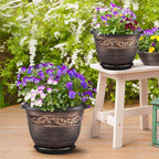 Plastic-Plant-Flower-Planters-16 Inch with Drainage Hole & Saucer, 3 Packs Lightweight Small Resin Flower Pot Indoor Outdoor, Retro Antique Imitation Decorative Garden Containers Sets for Houseplants