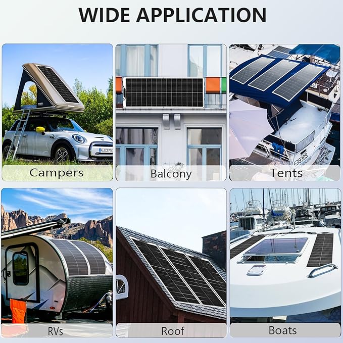 Flexible Solar Panel 100W 12V Monocrystalline Solar Module Fiberglass Lightweight Bendable Charge for RV Trailer Boat Cabin Van Car Uneven Surfaces (100W Solar Panel Black)