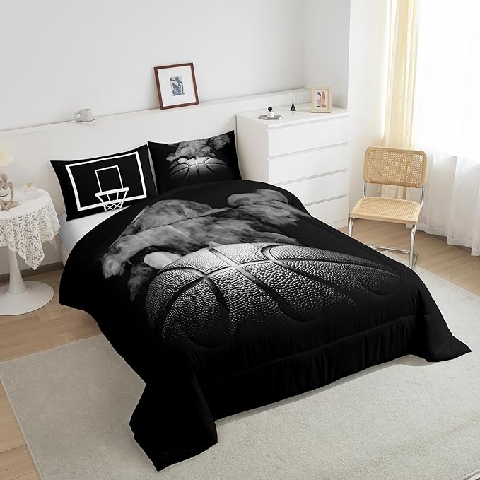 Sports Basketball Full Size Comforter Sets For Boys Teen Kids Basketball Quilt Bedding Set Grey Hippie Smoke Comforter Reversible Black Duvet Insert,1 Comforter + 2 Pillow Case Basketball Room Decor