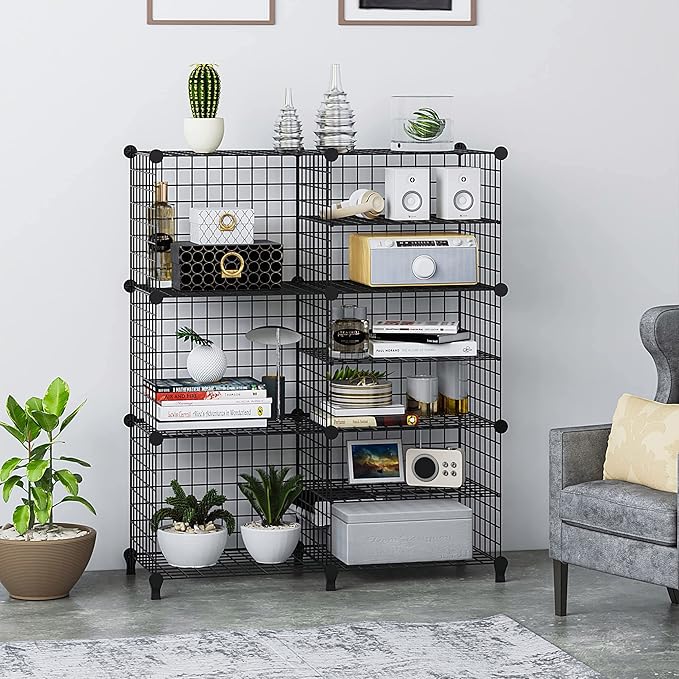 Wolizom Wire Cube Storage, Metal Grids Shelves Bookshelf, Stackable Modular Shelving Organizer, DIY Closet Bookcase Bookshelf, Grid Storage Shelf for Bedroom, Living Room, Office (Black, 3+6 Cube)