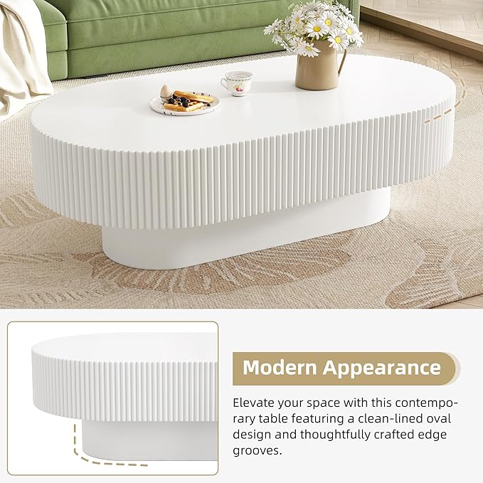 43.3" Oval Fluted Coffee Table Modern Elegant Drum End Table, Minimalist Center Table 7.8" Thick Tabletop with Sturdy Base for Living Room, Bedroom, Apartment,Easy Assembly, White