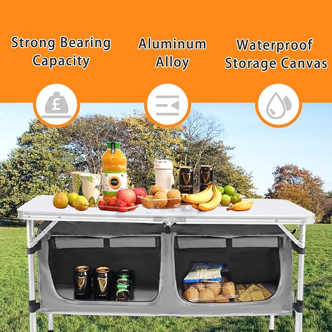 CampLand Outdoor Folding Table Aluminum Lightweight Height Adjustable with Storage Organizer for BBQ, Party, Camping