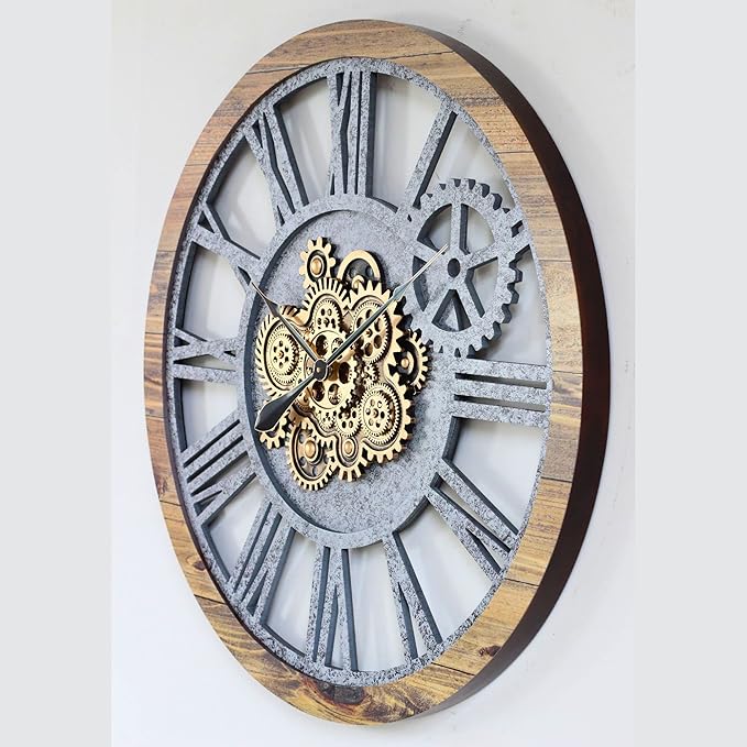 The Gears Clock 36'' Inch Real Moving Gear Wall Clock Vintage Industrial Oversized Rustic Farmhouse (Wood and Stone)