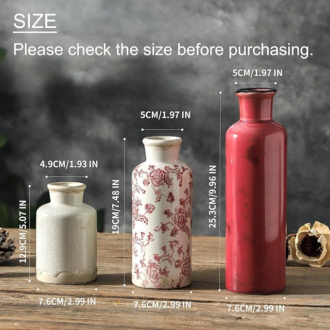 Vintage Vase Set of 3, Ceramic Vintage Flower Vases, Chinoiserie Decorative Home Decor Retro Floral Vase Rustic Farmhouse Decor for Table Bookshelf Mantel Kitchen Living Room Office - Red and White