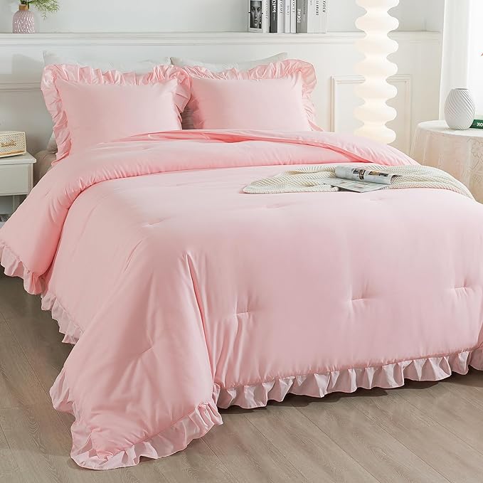 Andency Pink California King Comforter Set, 3 Pieces Cal King Light Pink Ruffle Comforter, Lightweight Soft Oversized Farmhouse Shabby Chic Microfiber Bedding Set (104x96Inch)