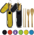Travel Utensils with Case Set Fork, Knife, Spoon, Chopsticks, Straw, Straw-cleaning brush, Travel Pouch and Carabiner, Excellent For Everyday Use! ((2 Sets) Midnight Black/Sunrise Yellow)