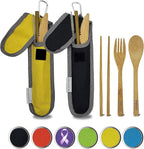 Travel Utensils with Case Set Fork, Knife, Spoon, Chopsticks, Straw, Straw-cleaning brush, Travel Pouch and Carabiner, Excellent For Everyday Use! ((2 Sets) Midnight Black/Sunrise Yellow)