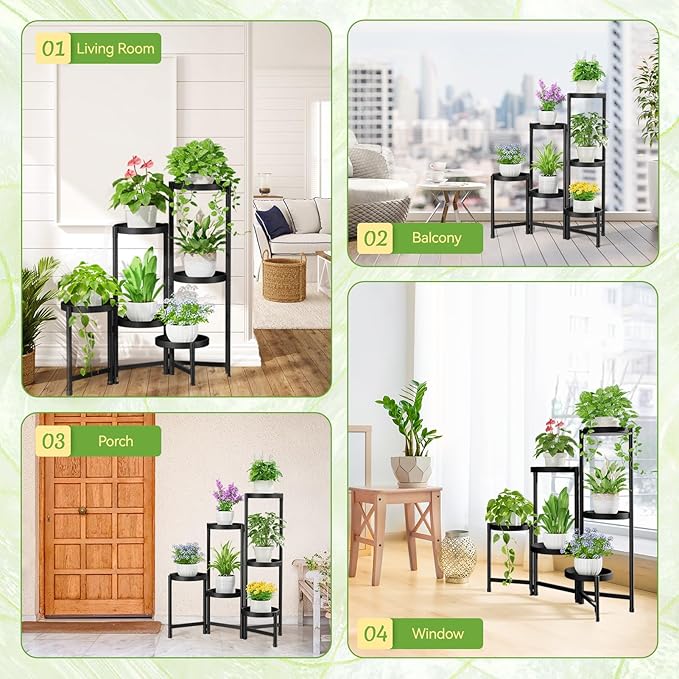 iDavosic.ly Plant Stand Indoor Outdoor, 6 Tier Corner Metal Flower Display Holder Shelf, Folding Tall Orchid Rack for Patio Balcony Porch Garden Living Room House, Black