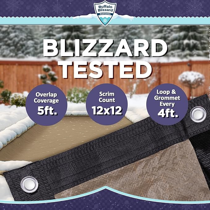 Buffalo Blizzard Supreme Plus 16 ft x 36 ft Rectangular Winter Pool Cover | Tan/Silver | Heavy Duty for Above Ground Swimming Pools | Easy Install | Cold & UV Resistant | Seasonal Debris Protection