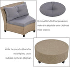 Outdoor 9 Pieces Patio Furniture Half Moon Wicker Sofa Sets, Fan-Shaped Curved Sectional Couch with Coffee Table and Gray Cushions, 1, Brown Rattan
