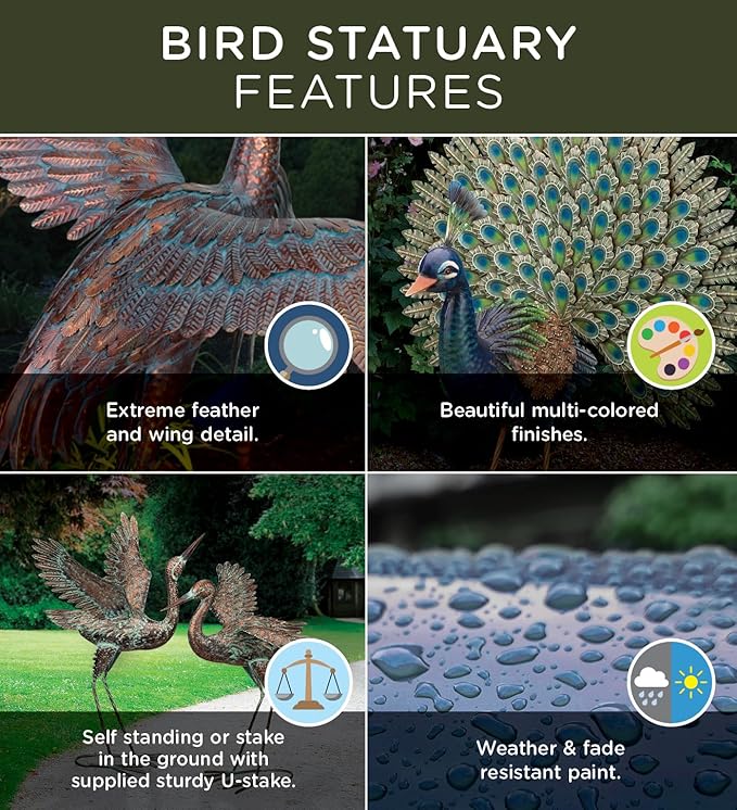 Regal Art & Gift Handcrafted Metal Rooster Statue, Weather-Resistant Farmhouse Yard Art, Indoor/Outdoor Garden Sculpture, Detailed Feather Design, Decorative Bird for Home & Garden, Verde, 14" Height