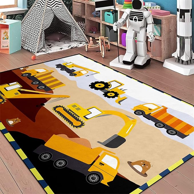 Construction Rug for Boys Room (3'×4', Low Pile, 1.4 pounds, Handmade, Car Play Mat, Indoor)