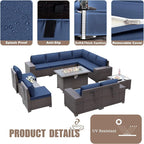 13PCS Patio Furniture Sectional Sofa Set PE Rattan Patio Conversation Set w/43in Gas Fire Pit Table, Outdoor Furniture with 55000 BTU Propane Fire Pit, Navy Blue