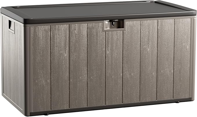 120 Gallon Resin Deck Box, Double Layer Waterproof & Outdoor Indoor Lockable Storage Box for Patio Furniture Cushions Garden Tools (Brown)