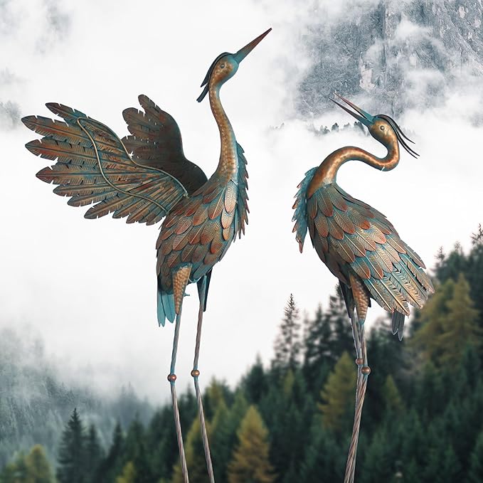 Metal Heron Yard Art, Standing Garden Sculptures & Statues for Outdoor Decor, 38-42 Inch Set of 2, Copper