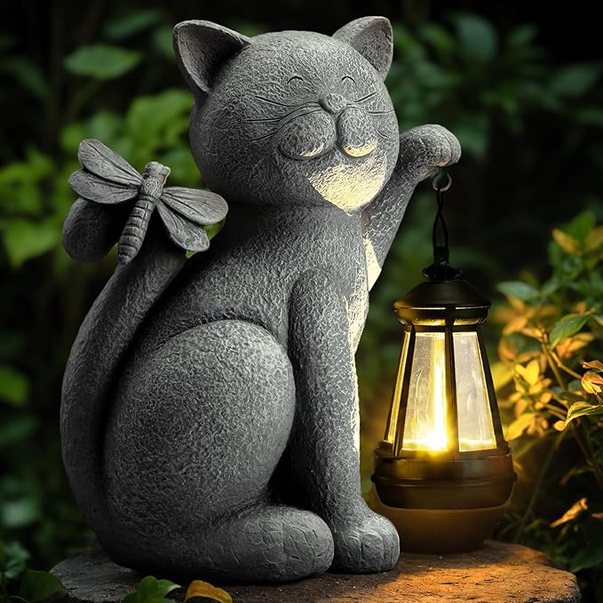 Solar Garden Outdoor Statues Cat with Solar Lantern,Outdoor Cat Figurines Decorations,Lawn Decor Rabbit Statue for Patio, Balcony, Yard Ornament,Unique Housewarming and Birthdays Gifts for Mom Women