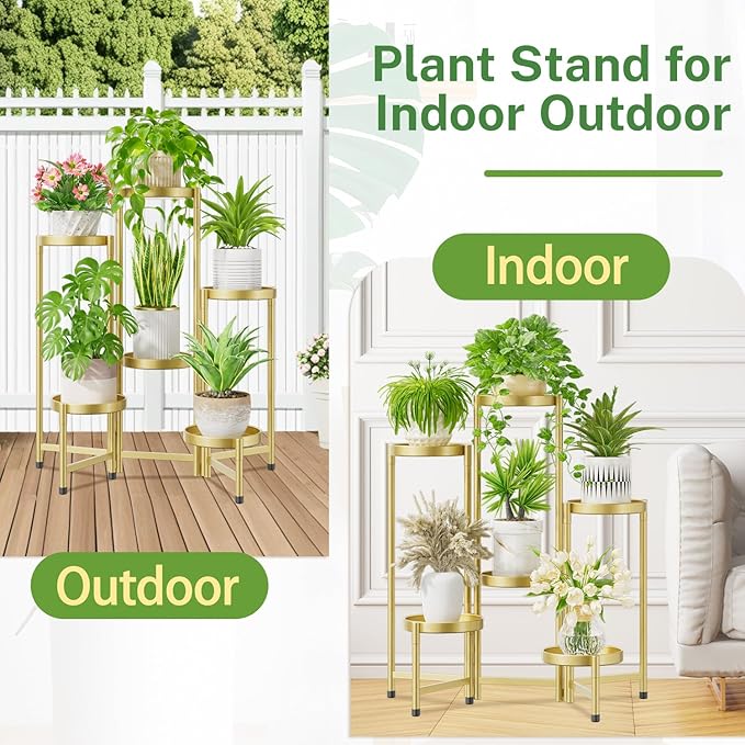 iDavosic.ly Plant Stand Indoor Outdoor, 6 Tier Corner Metal Flower Display Holder Shelf, Folding Tall Orchid Rack for Patio Balcony Porch Garden Living Room House, Gold