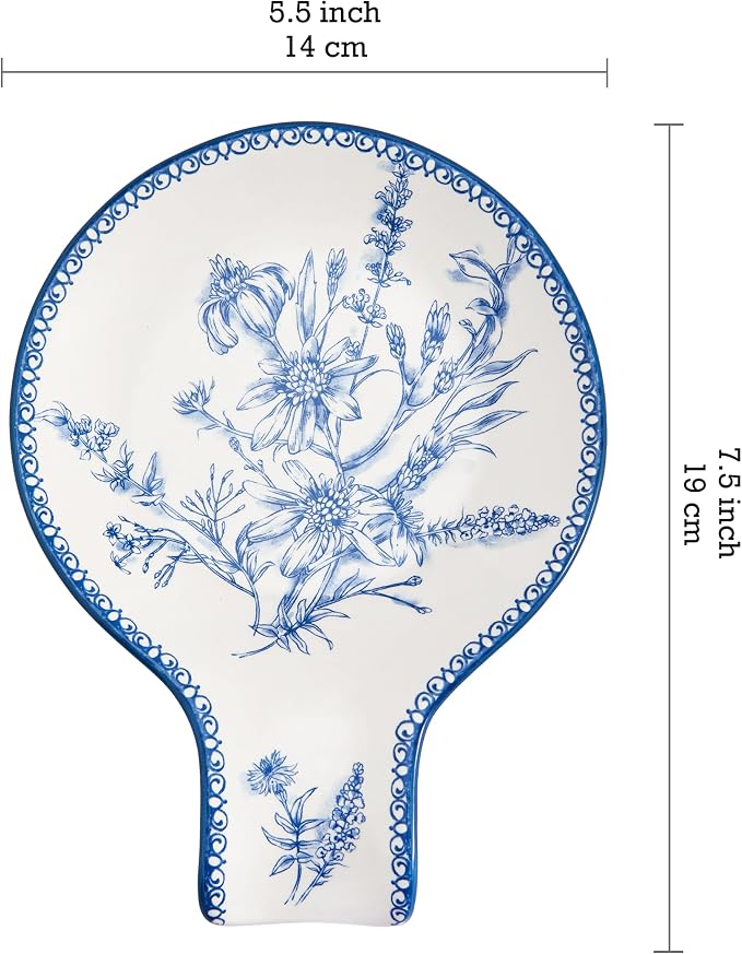 Bico Blue Garden Toile De Jouy Spoon Rest for Stove Top, Ceramic Spoon Holder for Kitchen Counter, Easy to Clean Coffee Spoon Rest Dishwasher Safe, Kitchen Cooking Utensil Rest for Ladles Spatula