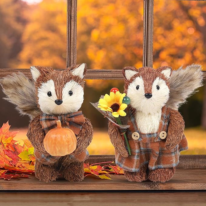 winemana 2 Pack Fall Decor Fox, Thanksgiving Decorations Indoor Sisal Foxes for Home Table Centerpiece Handmade Autumn Woodland Animal Friend Figurines with Pumpkin for Shelf Office Décor