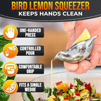 Bird Lemon Squeezer with Pour Spout, Tiny Stainless Steel Slice Press | Cute Citrus Wedge Juicer for Limes, Mess-Free, Dishwasher Safe, a Mini Travel Size for Tea Service, Seafood, and Cocktails