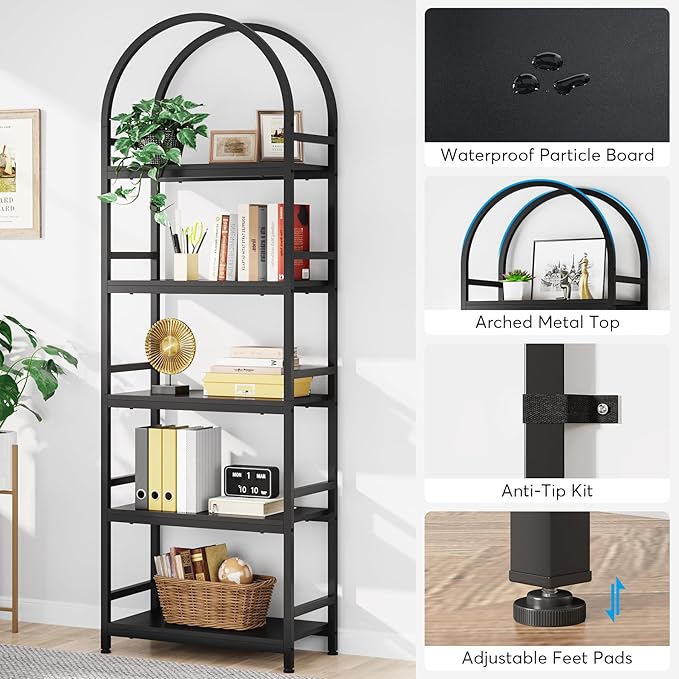 Tribesigns 5-Tier Open Bookshelf, 74.4" Wood Bookcase Storage Shelves with Metal Frame, Freestanding Display Rack Tall Shelving Unit for Office, Bedroom, Living Room, Easy Assembly(Black, 1PC)